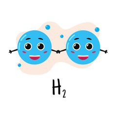 Structure of hydrogen molecule. Cartoon character. Study of chemistry. Vector illustration.