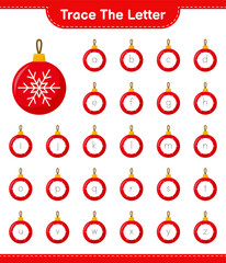 Trace the letter. Tracing letter alphabet with Christmas Balls. Educational children game, printable worksheet, vector illustration