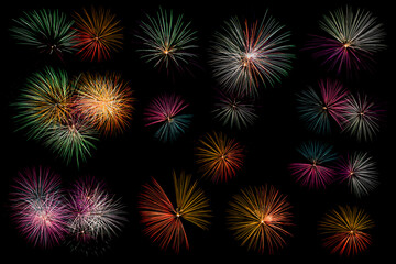 Fototapeta premium Colorful fireworks collection on black background