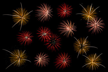 Set of colorful fireworks isolated on black background, Colorful fireworks collection