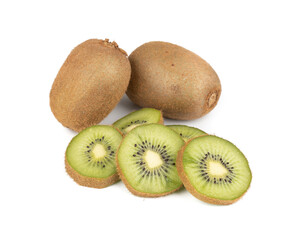 Green kiwis with slices isolated over white background