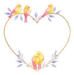 Valentine watercolor frame birds isolated on white background.