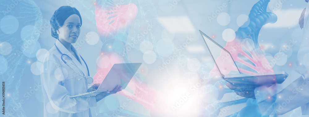 Wall mural soft focus-doctor or scientist holding laptop computer analysis dna structure molecule chain,medical