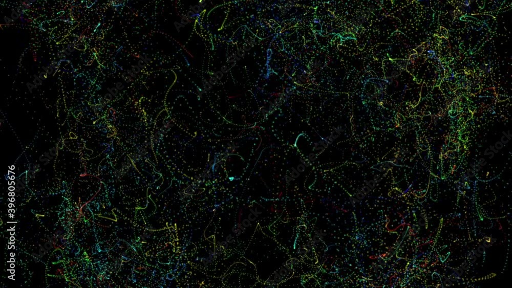 Poster abstract unique fireworks of particles of different shapes flying in different directions on a black