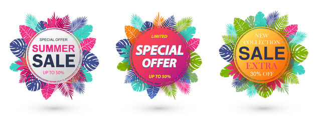 Summer sale, special offer, new collection banner design for promotion poster, leaflet, placard, newsletter with tropical leaves. Vector illustration