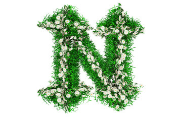 Letter N Of Green Grass And Flowers. Font For Your Design. 3D Illustration
