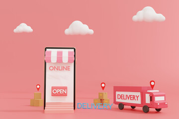 Delivery online gps tracking and satellite,shopping online on mobile application service,smartphone,truck,mapping pin,cardboard box,mockup,isolated pink background,logistic order delivery 3d rendering