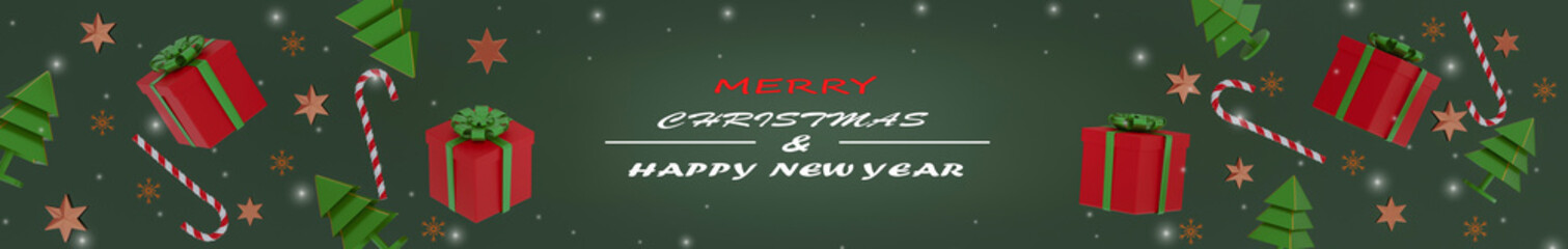 Celebrate new year christmas holiday concept,Christmas tree,star,gift box decoration floating scene,isolated green background Xmas,snowflake and glitter sparkle,3d render,web banner panoramic header
