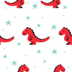Obraz premium Vector seamless pattern. Orange dinosaurs. Children's background. Stars.