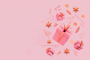 Celebrate new year christmas holiday concept,Abstract metallic pink glossy rose gold,Christmas tree,star,gift box decoration floating scene,isolated pink background,copy space,in put text,3d rendering