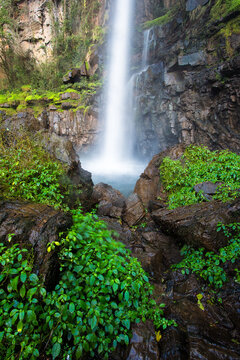 Vertical wide angle image of Lone Creek falls in the Sabie region of Mpumalanga Province in South Africa