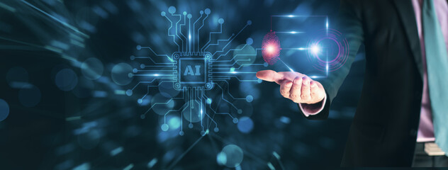 Cyber security and futuristic technology concept businessman using finger to touch fingerprint interface,to scan password,with technology icons and padlock,with artificial intelligence system or ai