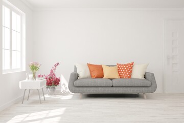 White living room with sofa. Scandinavian interior design. 3D illustration