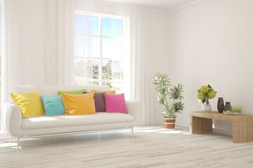 White living room with sofa. Scandinavian interior design. 3D illustration
