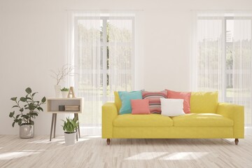 Obraz premium White living room with sofa. Scandinavian interior design. 3D illustration