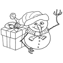 Snowman with a gift box. Vector illustration of a merry snowman for Christmas. Hand drawn funny snowman.