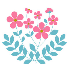 Branch of pink flower and blue leaves isolated on white background. Floral elements. Flat design. Botanical illustration