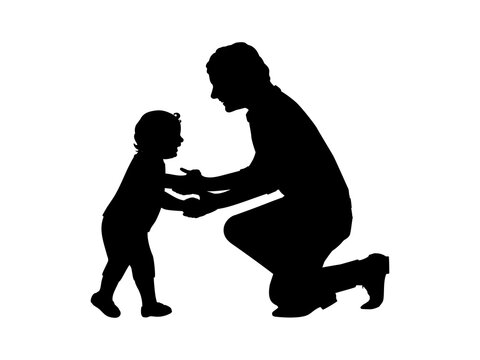 Silhouette father holding little son by hands