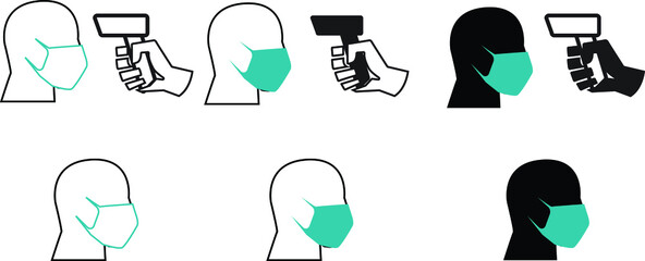 set of vector icons, doctor measuring temperature with thermometer, people with security mask