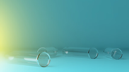 Scattered glass test tubes and blue background
