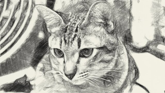 art drawing black and white of cute tabby cat