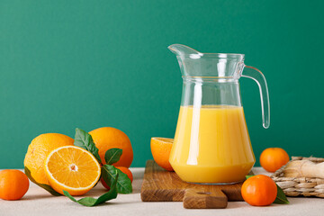 Freshly squeezed orange juice in a glass pitcher and fresh fruits with leaves, healthy drink,...