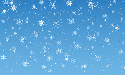 Naklejka na ściany i meble Snow background. Winter snowfall. White snowflakes on blue sky. Christmas background. Falling snow.