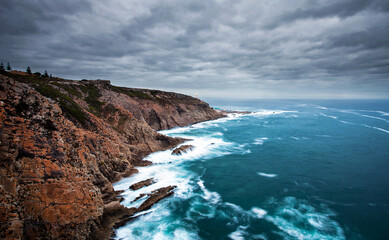 Fototapeta premium Wide angle view of the coastline on the garden route at Mosselbay in the garden route of south africa