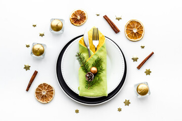 Christmas or New Year table setting. Holiday background top view