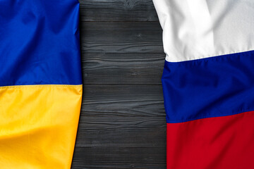 Flags of Russia and Ukraine together, copy space