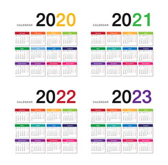 Year 2020 and Year 2021 and Year 2022 and Year 2023 calendar vector design template, simple and clean design for organization and business. Week Starts Monday. 