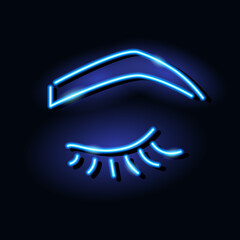 Neon icon of woman long eyelashes and eyebrow. Beauty salon, cosmetics, eyelash extension, makeup concept. Vector 10 EPS illustration isolated on dark background