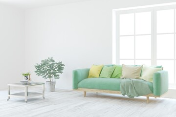 White living room with sofa. Scandinavian interior design. 3D illustration