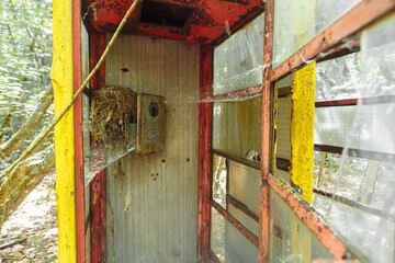 Abandoned phonebox in ghost town Pripyat Chornobyl Zone