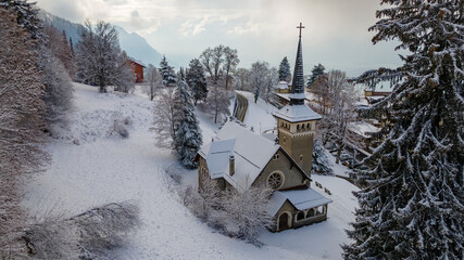 Aerial shots of a church, Caux, Switzerland. 