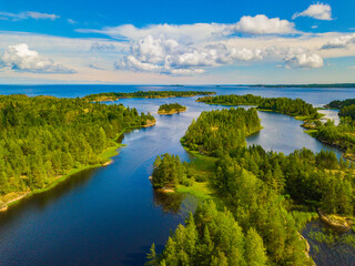 Stone islands archipelago of the great north lake Ladoga.  Karelia, Aerial view