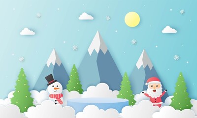 merry christmas. santa clause and snowman with geometry shape podium christmas theme. paper cut card blue background. product stand presentation with minimal style.