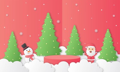 merry christmas. santa clause and snowman with geometry shape podium christmas theme. paper cut card red background. product stand presentation with minimal style.