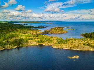 Stone islands archipelago of the great north lake Ladoga. Karelia, Aerial view