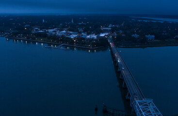 Aerial view of the downtown area of Beaufort, South Carolina at night