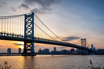Ben Franklin Bridge in Philadelphia at sunset, Pennsylvania, USA