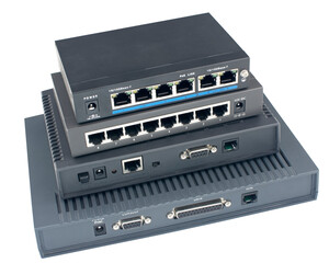 two routers and two modems n a white