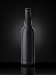 3D rendered model of black beer bottle against black background.