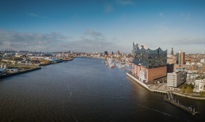 Aerial view of the port of Hamburg with the Elbphilharmonie 