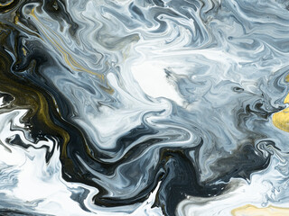 Abstract art painting, black and white with gold creative hand painted background, marble texture