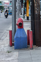 Fototapeta na wymiar hydrant pillar in red and foundation in blue