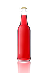 One bottle with red liquid, metal cap against glossy white background.