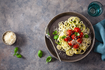 keto paleo diet zoodles spiralized zucchini noodles with meatballs and parmesan