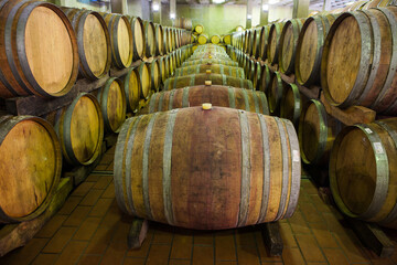 Oak wine barrels full of aging red wine, stacked in a winery in the Breede Valley in the Western Cape of South Africa