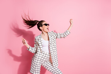 Photo of young beautiful crazy carefree girl have fun enjoy music dance happy smile positive smile isolated over pastel color background